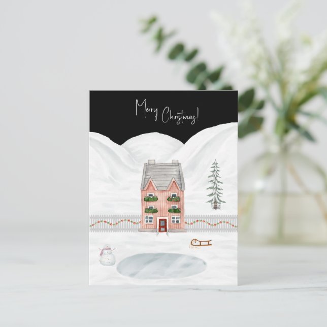 Postal Merry Christmas Cute Winter Scene Snow Card (Anverso de pie)