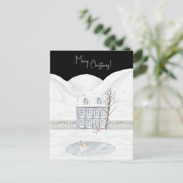 Postal Merry Christmas Cute Winter Scene Snow Card (Anverso de pie)