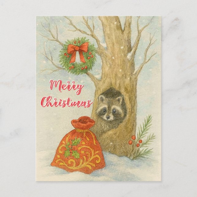 Postal Merry Christmas Cuter Raccoon Wildlife  (Anverso)