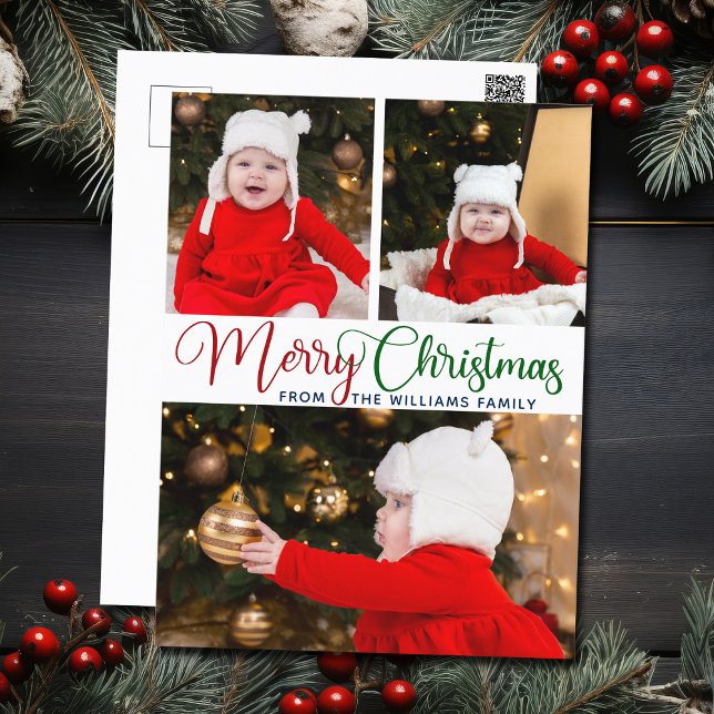 Postal Merry Christmas Elegant Typography 3 Photo Cute (Subido por el creador)