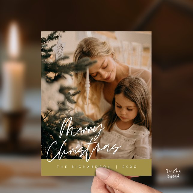Postal Merry Christmas Family Photo Elegant Typography (Merry Christmas Family Photo Elegant Cute Typography Postcard in Yellow Gold Theme)