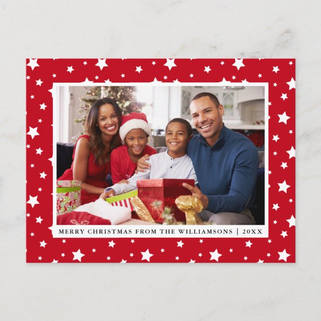 Postal Merry Christmas Family Photo Stars Red (Anverso)