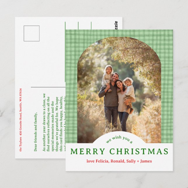 Postal MERRY CHRISTMAS Gingham PERSONALIZADO de Arco FOTO (Anverso / Reverso)