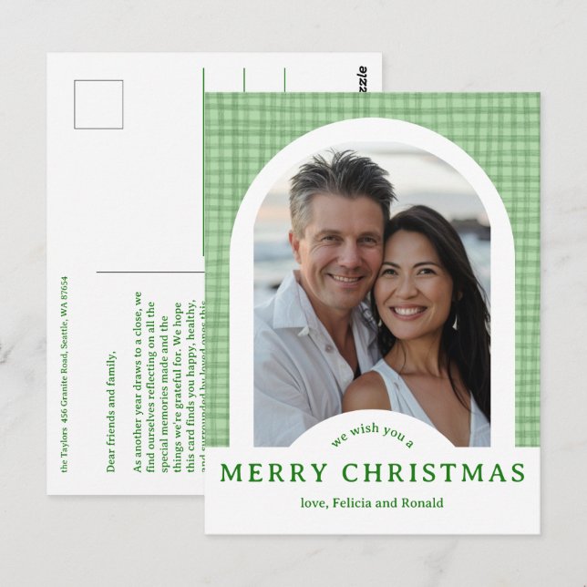 Postal MERRY CHRISTMAS Gingham PERSONALIZADO de Arco FOTO (Anverso / Reverso)