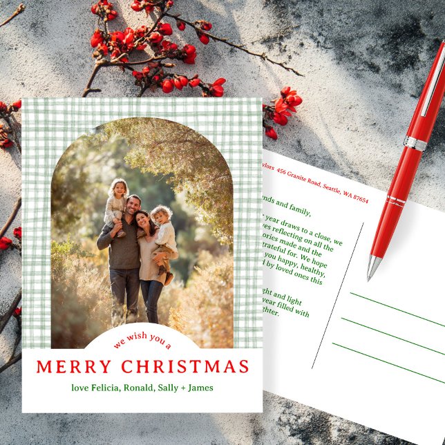 Postal MERRY CHRISTMAS Gingham PERSONALIZADO de Arco FOTO (MERRY CHRISTMAS Gingham Holiday CUSTOM Arch PHOTO Postcard
)