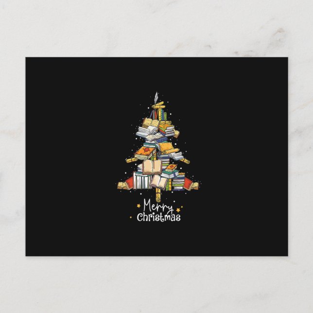 Postal Merry Christmas Library Tree Cute Book Lover Libra (Anverso)