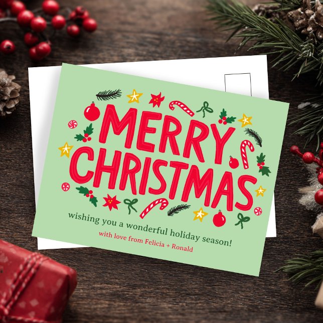 Postal MERRY CHRISTMAS PERSONALIZADO de navidad navideña (MERRY CHRISTMAS Holiday Xmas CUSTOM Doodle Whimsical Green Red Postcard
)