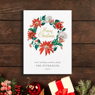 Postal Merry Christmas Poinsettia Flowers Wreath Card