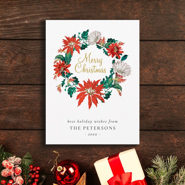 Postal Merry Christmas Poinsettia Flowers Wreath Card (Subido por el creador)