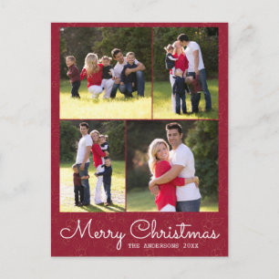 Postal Merry Christmas Script 4 Photo Red Holly Postcard