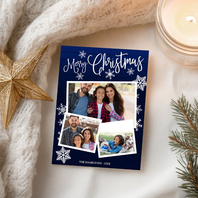 Postal Merry Christmas Snowflake Rustic 3 Photos Collage (Subido por el creador)