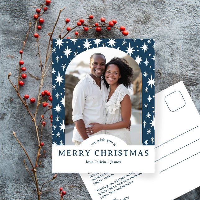 Postal MERRY CHRISTMAS Stars Holiday CUSTOM Arch PHOTO (MERRY CHRISTMAS Stars Blue White CUSTOM Arch PHOTO Hanukkah Holiday Postcard
)
