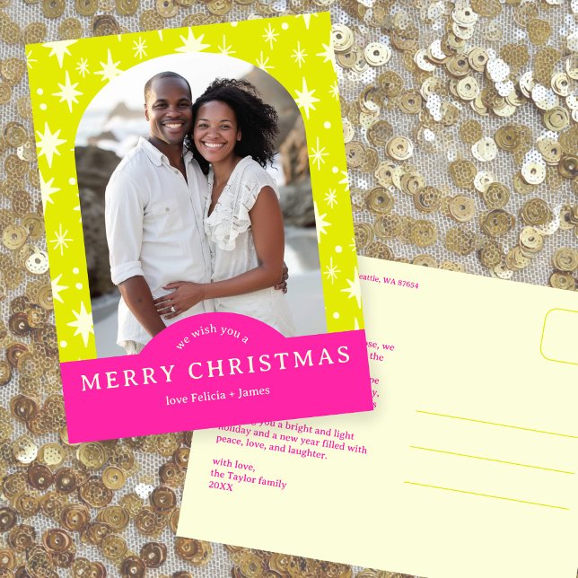 Postal MERRY CHRISTMAS Stars Holiday CUSTOM Arch PHOTO (MERRY CHRISTMAS Stars Neon Bold Bright Holiday CUSTOM Arch PHOTO Postcard
)