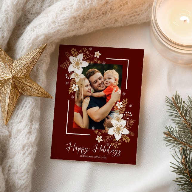 Postal Merry Christmas White Floral Holidays Photo (Subido por el creador)