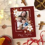 Postal Merry Christmas White Floral Holidays Photo<br><div class="desc">A beautiful Christmas floral design,  easy to customize with your own picture and message.</div>