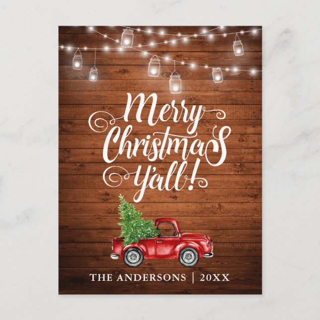 Postal Merry Christmas Y'all Jar Lights Truck Wood (Anverso)