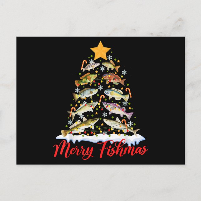 Postal Merry Fishmas Divertido Árbol de Navidad Ilumina F (Anverso)