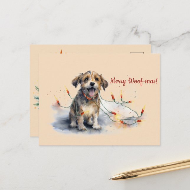 Postal Merry Woof-mas Dog Lights Navidades Postcard (Anverso/Reverso In Situ)