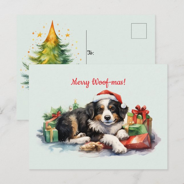 Postal Merry Woof-mas Dog Santa Hat presenta Navidades (Anverso / Reverso)