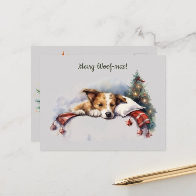 Postal Merry Woof-mas Perro Árbol durmiendo Navidades (Anverso/Reverso In Situ)