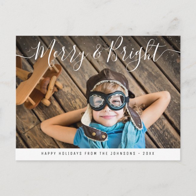 Postal Merry y Bright | Navidades con letras elegantes (Anverso)