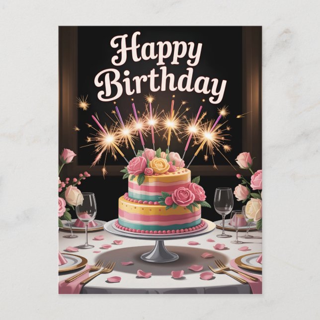 Postal Mesa de cena de cumpleaños elegante con pastel  (Anverso)