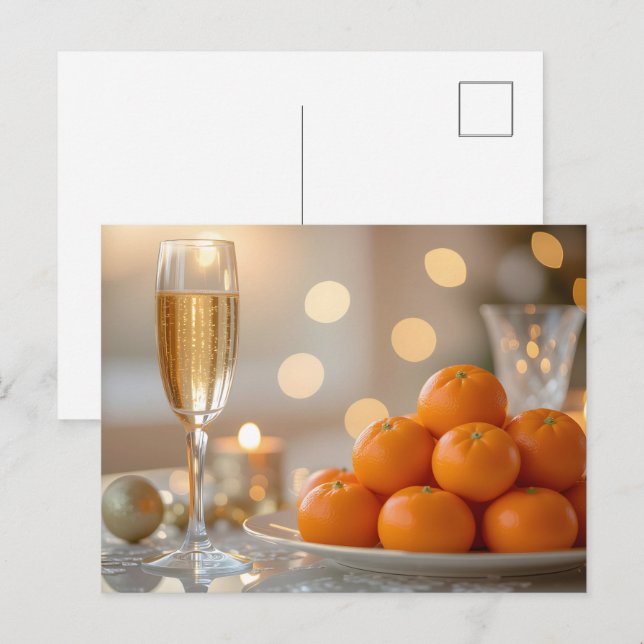 Postal Mesa de fiesta de champán y mandarinas (Anverso / Reverso)