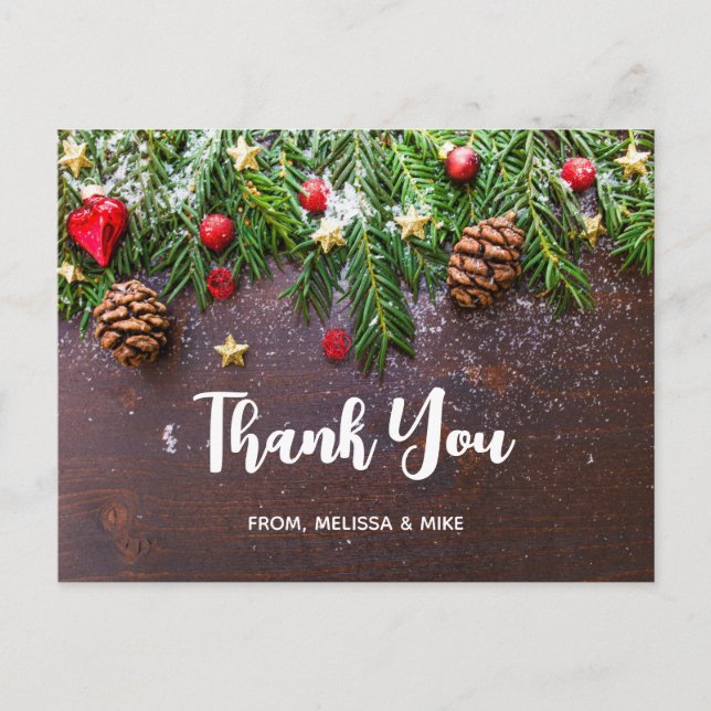 Postal Mesa de Navidades rusos con pino y nieve gracias (Anverso)
