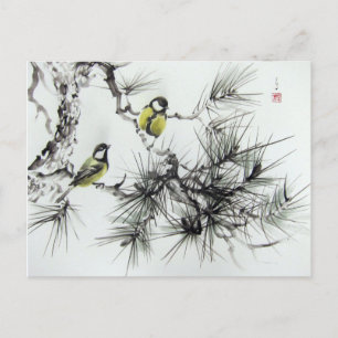 Postal Mésanges aquarelle chinoise