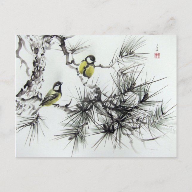 Postal Mésanges aquarelle chinoise (Anverso)