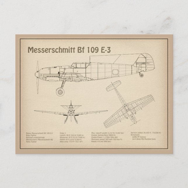Postal Messerschmitt Bf 109 - Airplane Blueprint SD (Anverso)