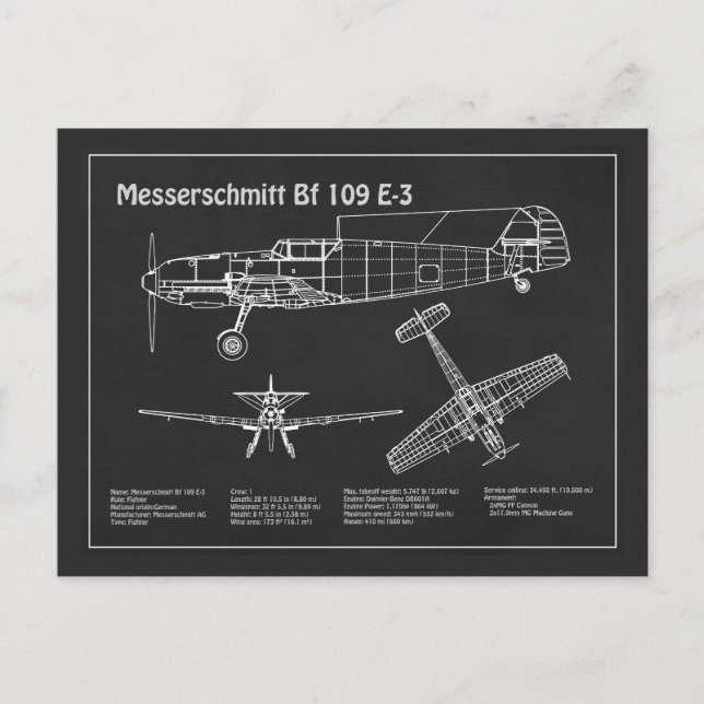 Postal Messerschmitt Bf 109 - Avión Blueprint PD (Anverso)