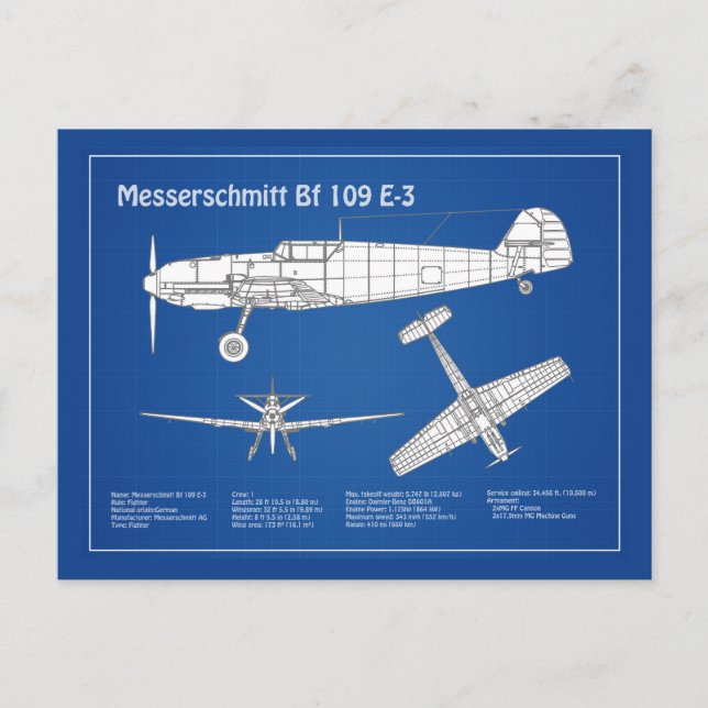Postal Messerschmitt Bf 109 - Plano aéreo ABD (Anverso)