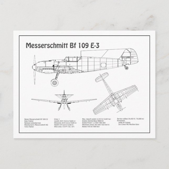 Postal Messerschmitt Bf 109 - Plano aéreo BD (Anverso)