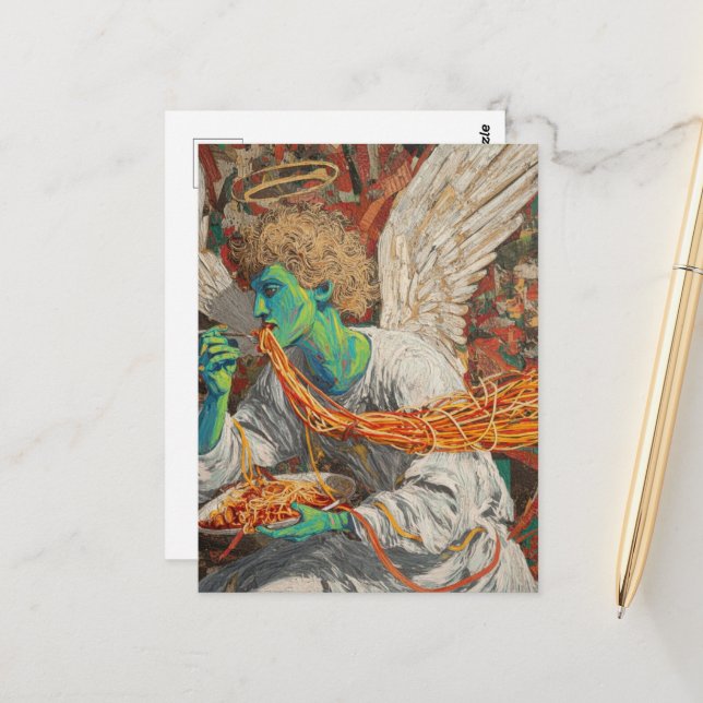 Postal Messy Angel Alien Eating Spaghetti (Anverso/Reverso In Situ)