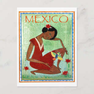 Postal México, arte tradicional mexicano, chica de vestim