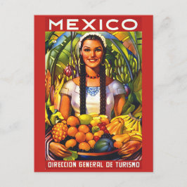 Postal México, mujer sonriente con frutas tropicales, cos
