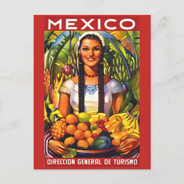 Postal México, mujer sonriente con frutas tropicales, vin (Anverso)
