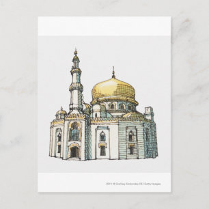 Postal Mezquita con cúpula de cebolla de oro y minarete