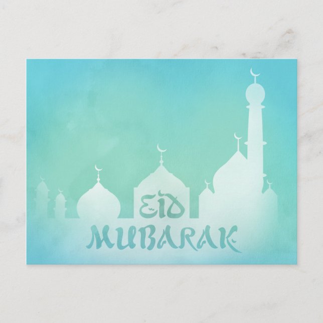 Postal Mezquita de acuarela azul Eid Mubarak - Postcard (Anverso)