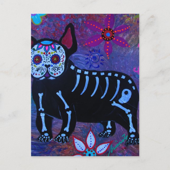 Postal Mi Bulldog francés Dia de los Muertos (Anverso)