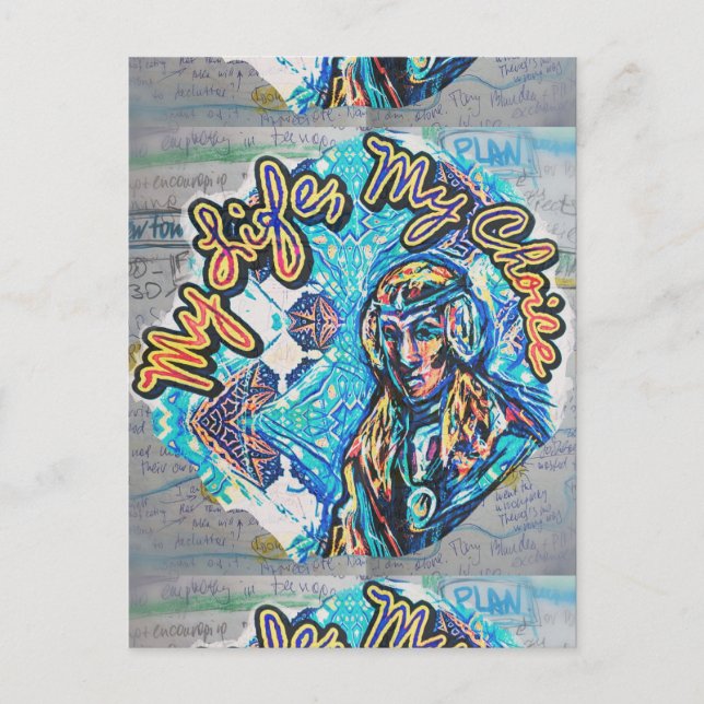 Postal Mi Vida, Mi Elección. Mujer Princesa y fractal (Anverso)