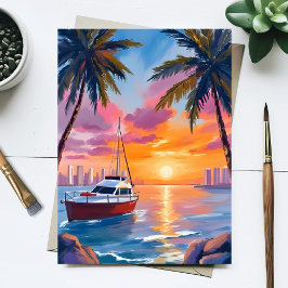 Postal Miami Beach Boat Bay Sunset Watercolor Painting