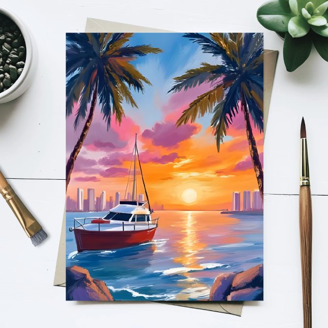 Postal Miami Beach Boat Bay Sunset Watercolor Painting (Subido por el creador)