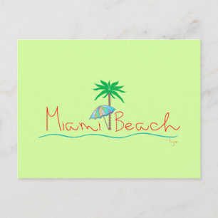 Postal Miami Beach con palmera y paraguas