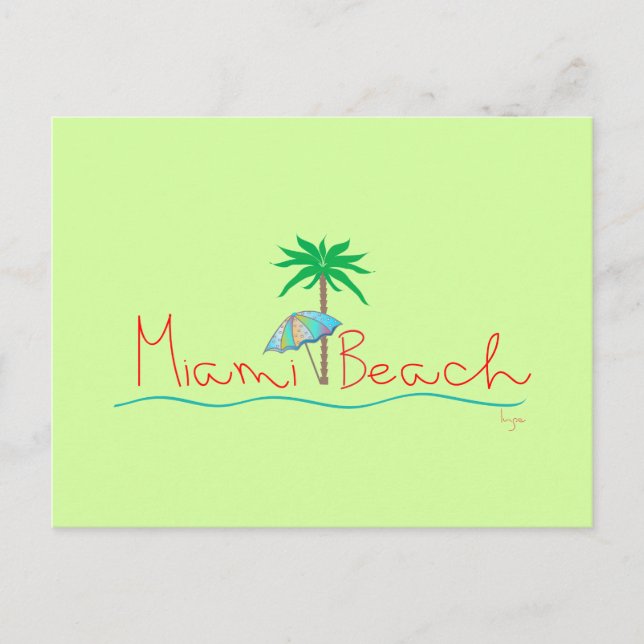 Postal Miami Beach con palmera y paraguas (Anverso)