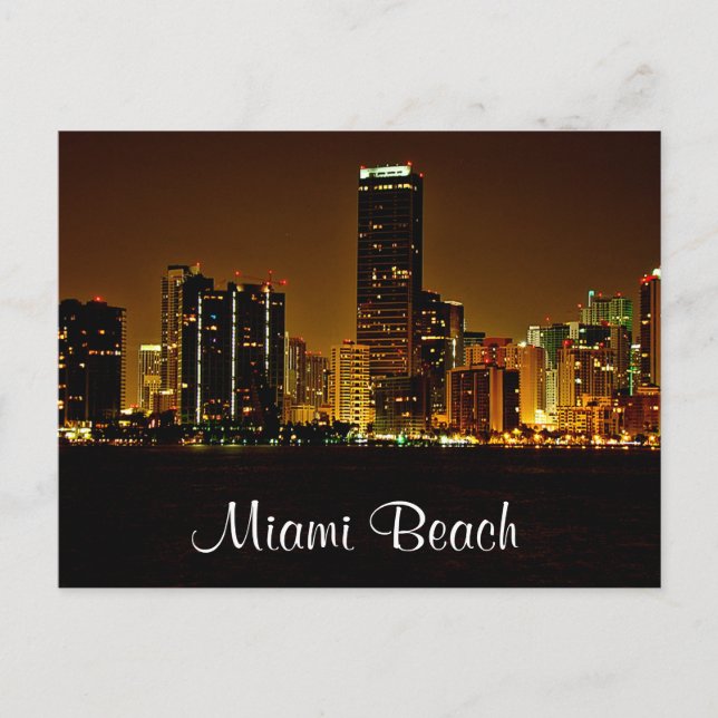 Postal Miami Beach Florida Night Skyline Post Card (Anverso)