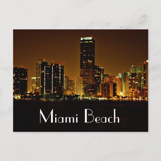 Postal Miami Beach Florida Night Skyline Post Card (Anverso)