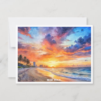 Postal Miami Beach, Florida, pintura acuática con puesta 