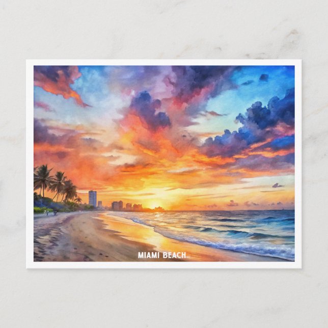 Postal Miami Beach, Florida, pintura acuática con puesta  (Anverso)